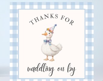 May include: A square card with a blue gingham border and the text "THANKS FOR waddling on by". The card features a watercolor illustration of a goose wearing a party hat and bow tie. A small white cake with two lit candles is in the background.