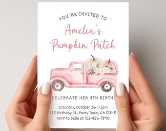 May include: A white invitation card with the text "YOU'RE INVITED TO Amelia's Pumpkin Patch" in pink script. A pink truck illustration carries pumpkins and flowers. The card also includes event details: date, time, and RSVP information.