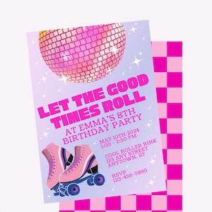 Roller Skating Birthday Invitation Template, Let the Good Times Roll, Disco Skate Party Invite, Editable Canva Template, Pink Girl Birthday