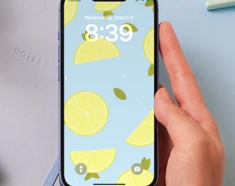Leuke iPhone-achtergrond direct te downloaden met mooi lichtblauw behang met pastelcitroenen, chique technische achtergronden voor vrouwen