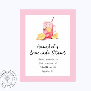 Joli menu pour stand de limonade, modifiable et imprimable pour une activité estivale pour les tout-petits et les enfants