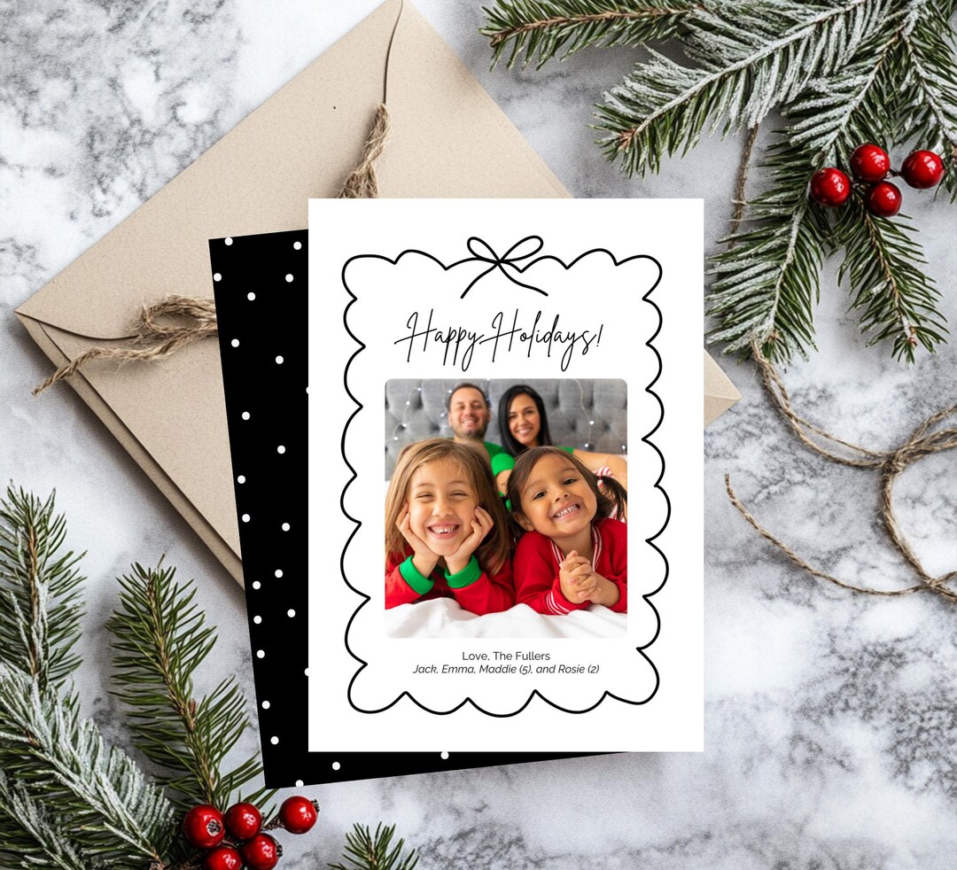 Bow Christmas Card With Family Photo Card, Bow Holiday Card Template ...