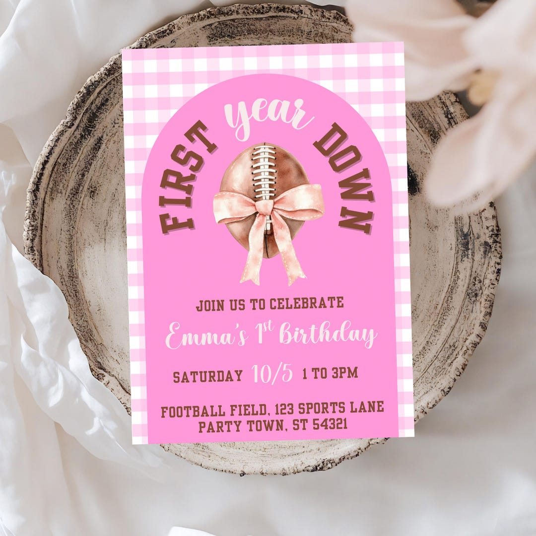 First Down Football 1st Birthday Invitation Template for Girls With ...