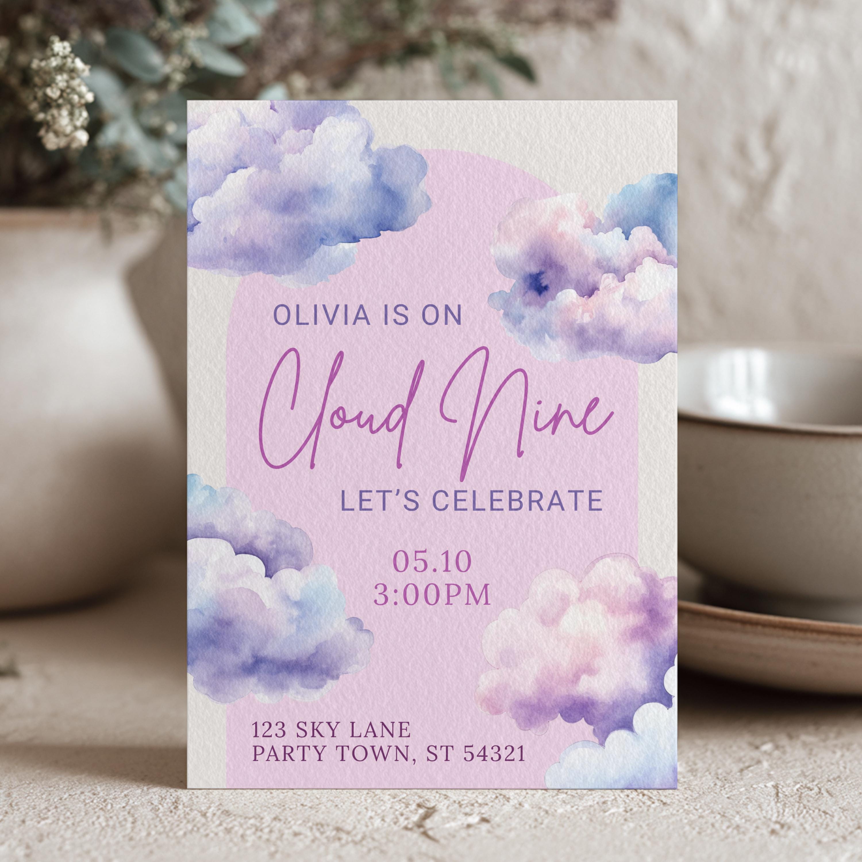 Editable Cloud Nine Birthday Party Invitation Template for Girls 9th ...