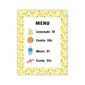 Menu pour stand de limonade modifiable, imprimable pour les enfants, activité estivale
