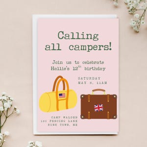 Modelo de convite de aniversário com tema de acampamento – Festa de aniversário para meninas (Editável em Canva, Download digital)