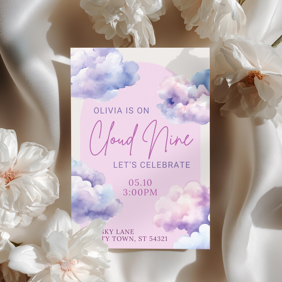 Editable Cloud Nine Birthday Party Invitation Template for Girls 9th ...