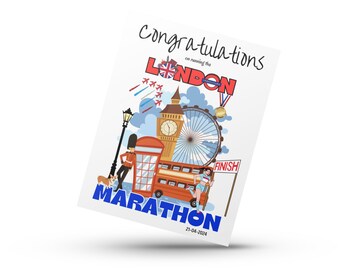 Félicitations pour la carte du marathon de Londres dimanche 21 avril 2024 Bonne chance au coureur de marathon, carte vierge à l'intérieur