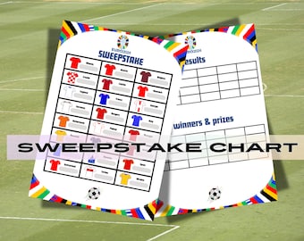 May include: A printable Euro 2024 sweepstakes chart with a soccer ball graphic. The chart includes a list of teams and a section for results and winners.