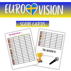 Pode incluir: Duas folhas de cartões de pontuação brancos com o texto "EUROVISION" e "SCORE CARDS". Uma folha tem uma lista de países com espaços em branco para pontuações. A outra folha tem um troféu e um gráfico de microfone com o texto "THE WINNER IS".