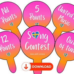 May include: A graphic featuring pink and orange circles with text and Swedish flags. The circles display phrases like "Nil Points," "5 Points," "United by Music," "12 Points," "Song Contest," and "Out of tune." The word "DOWNLOAD" is also present.