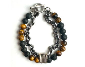 Tiger eye And Lava Rock Beads Bracelet Man / Women Gift