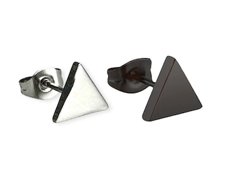 May include: A pair of triangle stud earrings. One earring is silver and the other is black.