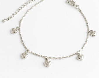 925 Silver Heart Charm Anklet or Bracelet Beaded Chain, Adjustable