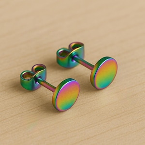 Rainbow Stud Earrings Stainless Steel Button Studs for Men & Women | Hypoallergenic | Sizes 3mm–8mm