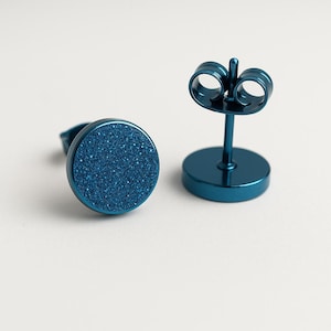 Stud Earrings Blue Druzy Sparkly Round Earrings, Hypoallergenic Stainless Steel, Minimalist Crystal Studs, Gift for Her or Him