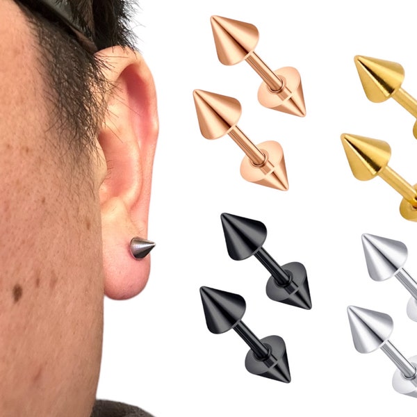 Spike Stud Cone Earrings in Stainless Steel 16g Double Spike