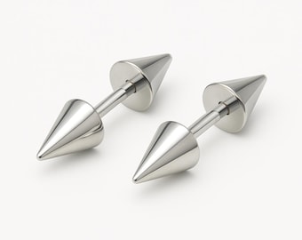 May include: A pair of silver stud earrings with a pointed tip on each side.