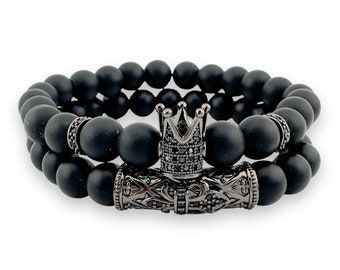 Black Bracelet Onyx Beaded with Crown stainless steel 2pcs set bracelet Men Women