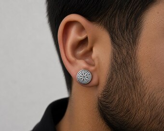 Vegvisir compass with Nordic runes Stud Viking Earrings Stainless Steel Gothic Jewelry