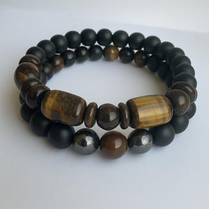 Men&#39;s Tiger Eye & Matte Black Onyx Beaded Bracelet Set – Handmade Stretch Bracelets for Men – Natural Stone Jewelry – Gift for Him