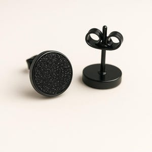 Stud Earrings Black Druzy Round Stainless Steel Posts, Hypoallergenic, Sparkling Textured Finish – Minimalist Unisex Jewellery