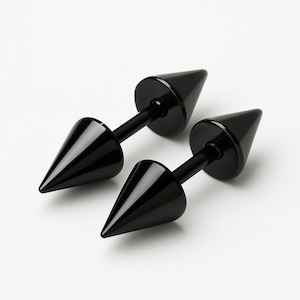 Black Spike Stud Earrings | Double Cone Earrings for Men & Women | Minimalist Punk Jewelry | Unisex Black Studs | Everyday Earrings