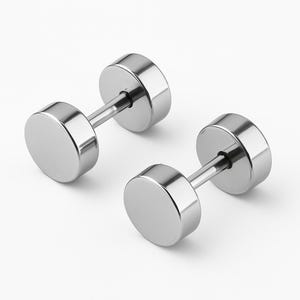 May include: A pair of silver-toned stainless steel stud earrings. Each earring features a round, flat disc on either end of a straight post.