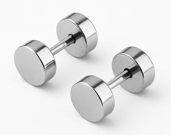 May include: A pair of silver-toned stainless steel stud earrings. Each earring features a round, flat disc on either end of a straight post.