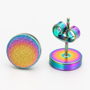 Boucles d'oreilles rondes Druzy arc-en-ciel en acier inoxydable, hypoallergéniques, finition texturée scintillante - Bijoux unisexe minimalistes