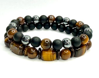 Bracciale da uomo e donna con perline da 8 mm, con occhio di tigre ed ematite, energia spirituale, curativo, yoga