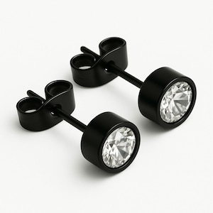 Black Stud with Crystal – Surgical Stainless Steel Stud Earrings, Hypoallergenic, Minimalist Jewellery for Men & Women