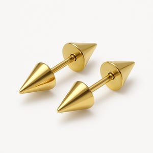 Gold Spike Stud Earrings | Double Cone Earrings for Men & Women | Minimalist Punk Jewelry | Unisex Black Studs | Everyday Earrings