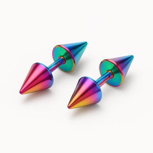 Rainbow Spike Stud Earrings | Double Cone Earrings for Men & Women | Minimalist Punk Jewelry | Unisex Black Studs | Everyday Earrings