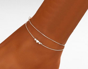 Anklet 925 Starling Silver Bracelet with Small Heart Charms Foot Chain Boho Beach