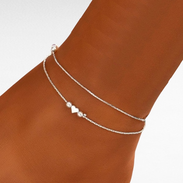 Bracelet de cheville en argent sterling 925 avec petit coeur à breloques chaîne de pied Boho Beach