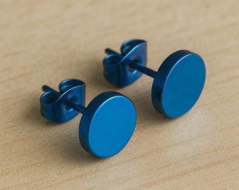 May include: A pair of blue round stud earrings. The earrings are made of metal and have a simple design.