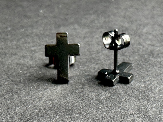 Orecchini a croce, gioielli Iesus, in argento e zirconi neri - Agios - Acquaviva Gioielli