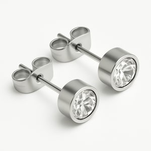 Silver Stud with Crystal Stainless Steel Stud Earrings, Hypoallergenic, Minimalist Jewellery for Men & Women