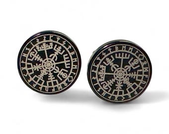 Orecchini a bottone Vegvisir in acciaio inossidabile nero con bussola vichinga (10 mm)