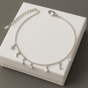 Moon & Star 925 Silver Plated Anklet  Celestial Charm Ankle Bracelet, Dainty Adjustable Chain, Night Sky Jewellery Gift for Her