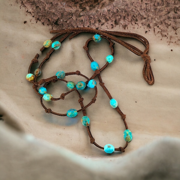 Kingman Turquoise Leather pendant Southwestern Necklace
