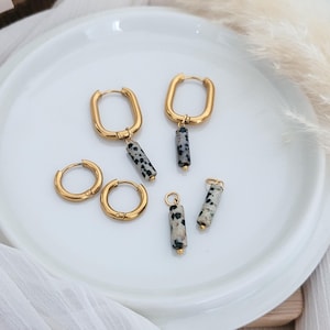 Goldene Creolen eckig| rund mit Dalmatiner Naturstein Anhänger| Handmade Ohrringe| Heilstein minimalistisch Boho Hippie vergoldet Geschenk