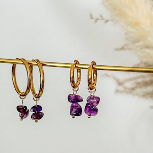 Creolen rund Boho mit Naturstein Anhänger Amethyst goldene Kreolen groß Handmade Geschenk Mystic Hippie vergoldet minimal chunky Ohrringe