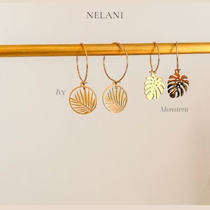 Filigree Boho Hoop Earrings with Pendant Stainless Steel 18K Gold Plated Handmade Minimalist Hoops Waterproof Gift Monstera|Ivy Spring