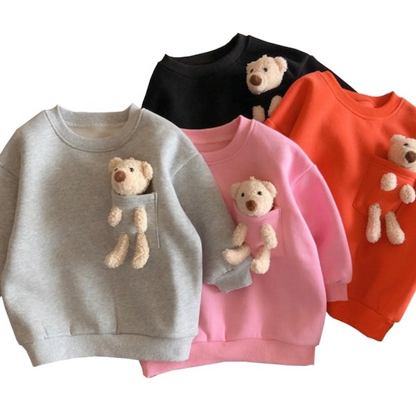 Cozy Kids Plush Warm Pullover with Teddy Bear Design - Long Sleeve Pocket Sweatshirt - Trendy and Adorable Winter Fashion