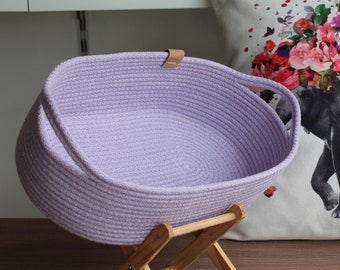 Cotton Rope Basket with Handle, Organic Cotton Cord Basket with Handle, Cotton Woven Storage Basket for Towel, Handmade Basket with Handle