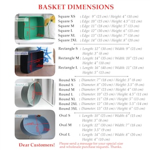 Puede incluir: Una tabla de dimensiones titulada BASKET DIMENSIONS que muestra cuatro formas de cestas: cuadrada, rectangular, redonda y ovalada. Cada forma incluye dimensiones espec&iacute;ficas en pulgadas y cent&iacute;metros para varios tama&ntilde;os desde XS hasta 3XL. El texto dice: Dear Customers! Please send a message for your special size and wholesale purchase requests. Thanks.