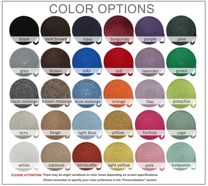 May include: A color chart displaying thirty circular coiled rope coasters in various shades including black, brown, navy, burgundy, purple, pine, grey, saks, red, lavender, green, black melange, brown melange, blue melange, orange, lilac, pistachio, ecru, beige, light blue, yellow, fuchsia, sage, white, oatmeal, terracotta, light yellow, pink, and turquoise.