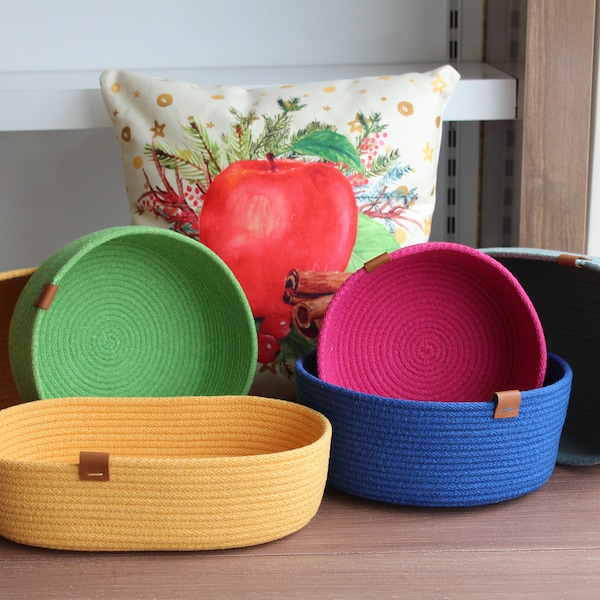 Colorful Cotton Rope Basket, Vibrant Color Woven Home Organizer, Cotton Rope Organizer, Organic Cotton Cord Basket, Housewarming Gift Basket